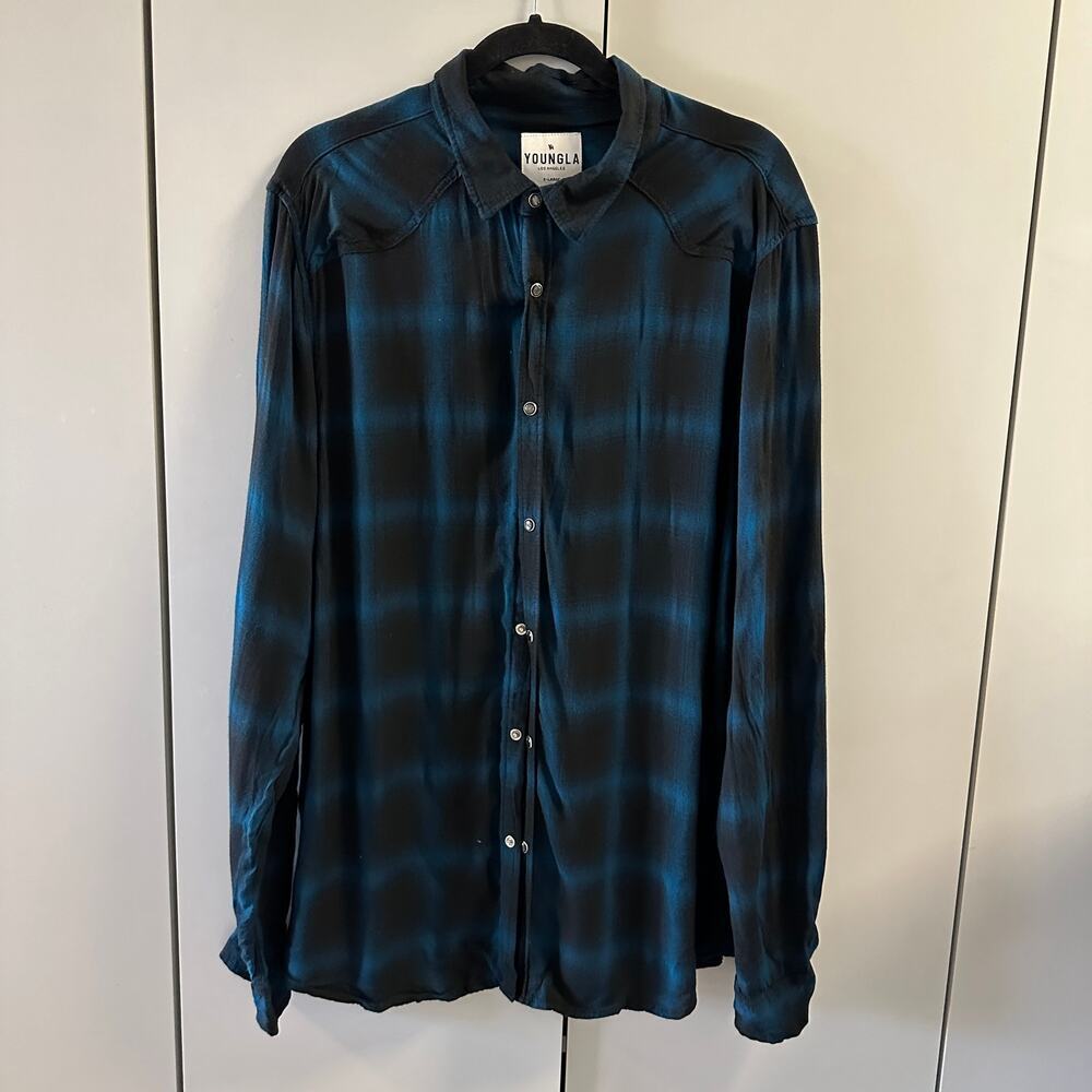 Men's YoungLA Blue Plaid  Pearl Snap,  Viscose, Lightweight  S01, New - Picture 2 of 6